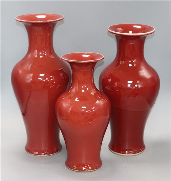 Three 20th century Chinese sang de boeuf vases tallest 45cm